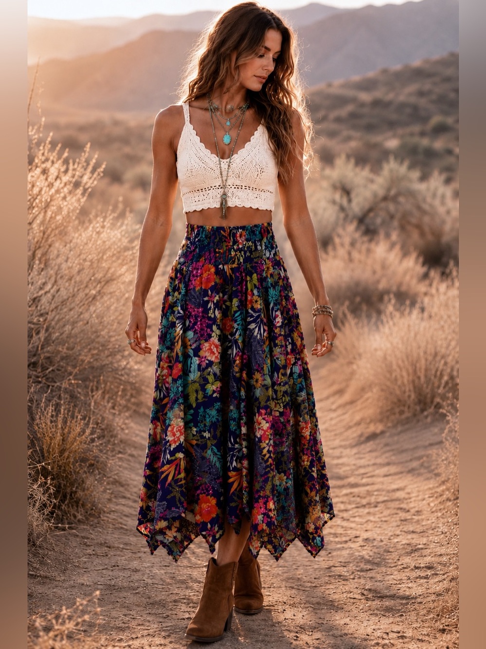 Free People Purple Floral Handkerchief Hem Smocked Asymmetrical Cotton Skirt M - Picture 8 of 17